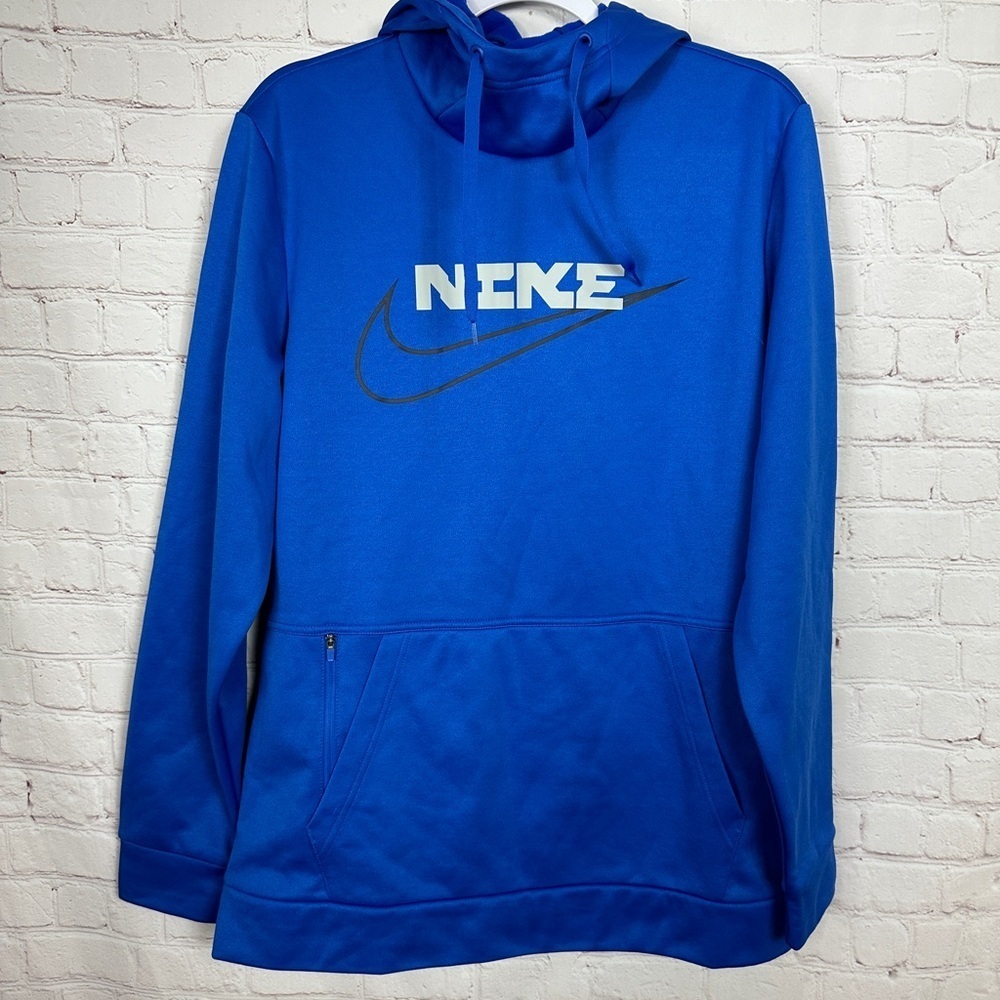 NIKE Therma Fit fleece lined Hoodie Sweatshirt swoosh blue zip pocket, sz M, GUC